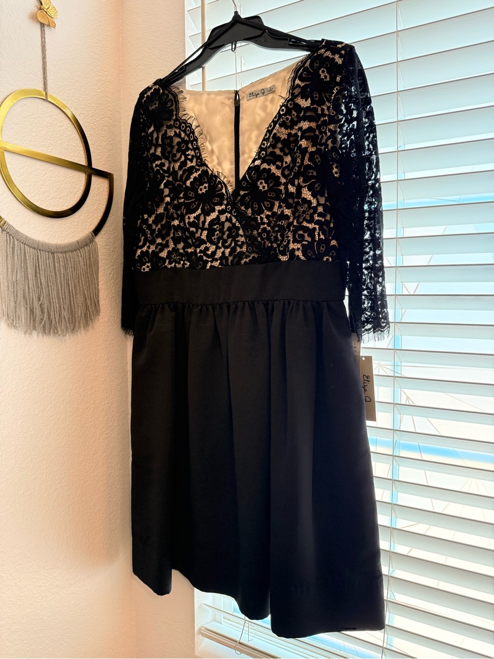 Eliza J Black Lace Bodice A-Line Missy Dress with Fringe